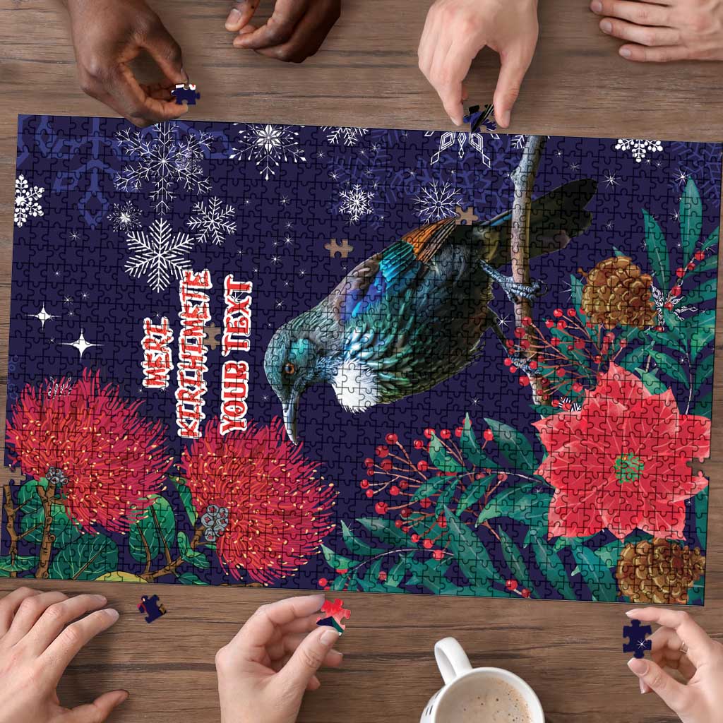 Tui Meri Kirihimete Personalised Puzzle Pohutukawa Flowers Blue Motif - Polynesian Pride