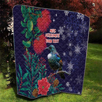 Tui Meri Kirihimete Personalised Quilt Pohutukawa Flowers Blue Motif - Polynesian Pride