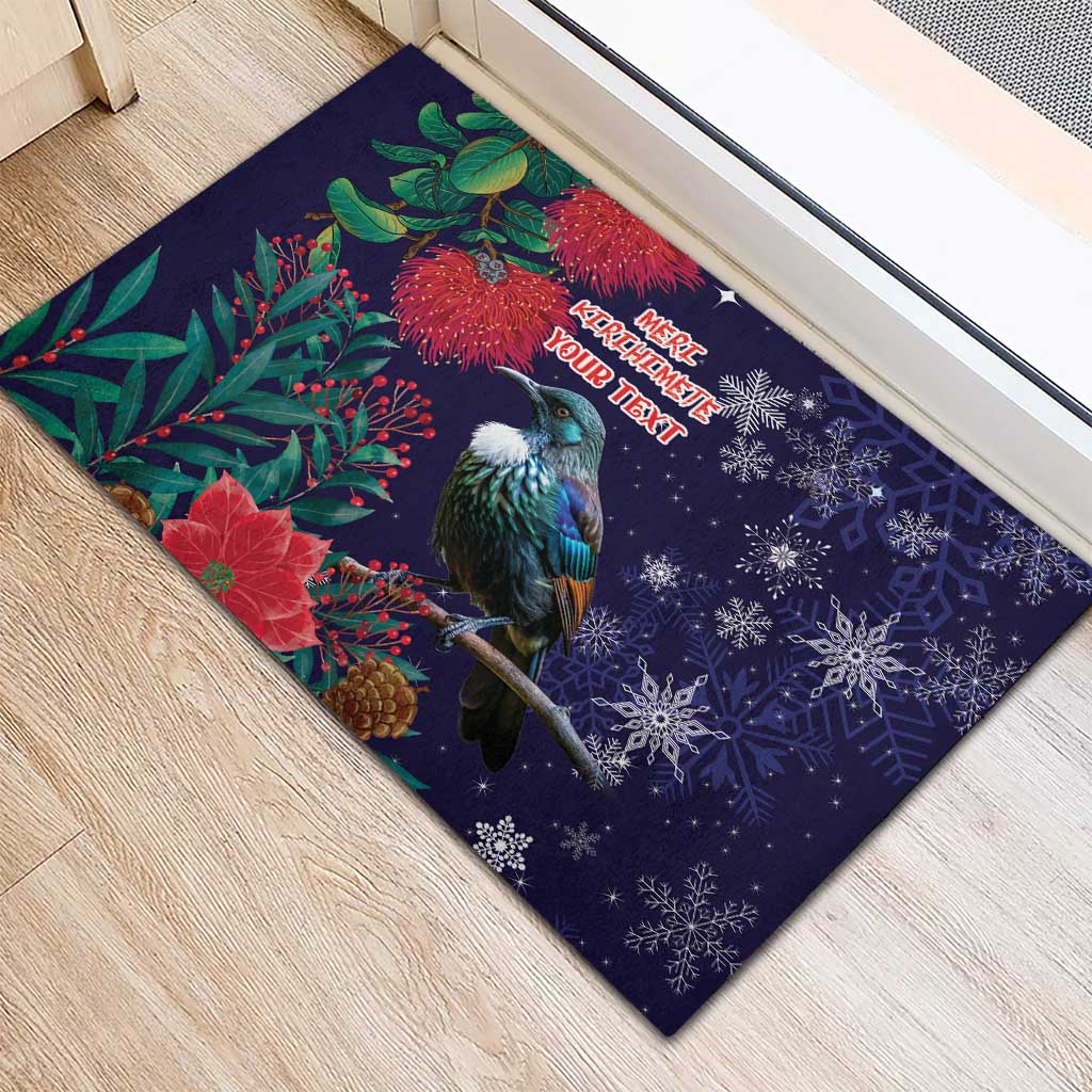 Tui Meri Kirihimete Personalised Rubber Doormat Pohutukawa Flowers Blue Motif - Polynesian Pride