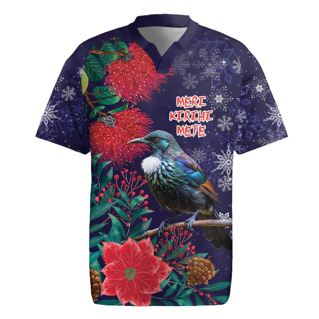 Tui Meri Kirihimete Personalised Rugby Jersey Pohutukawa Flowers Blue Motif - Polynesian Pride