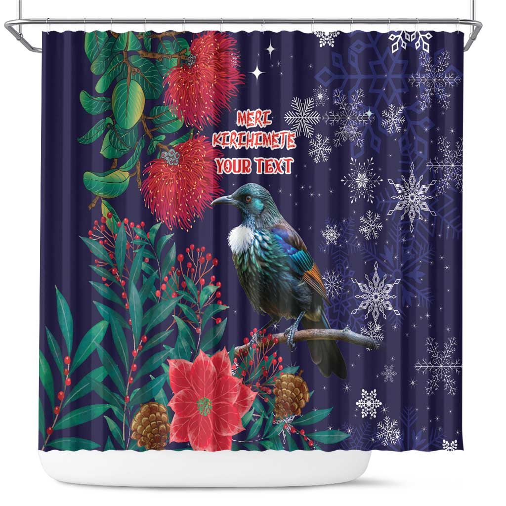 Tui Meri Kirihimete Personalised Shower Curtain Pohutukawa Flowers Blue Motif - Polynesian Pride