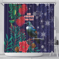Tui Meri Kirihimete Personalised Shower Curtain Pohutukawa Flowers Blue Motif - Polynesian Pride