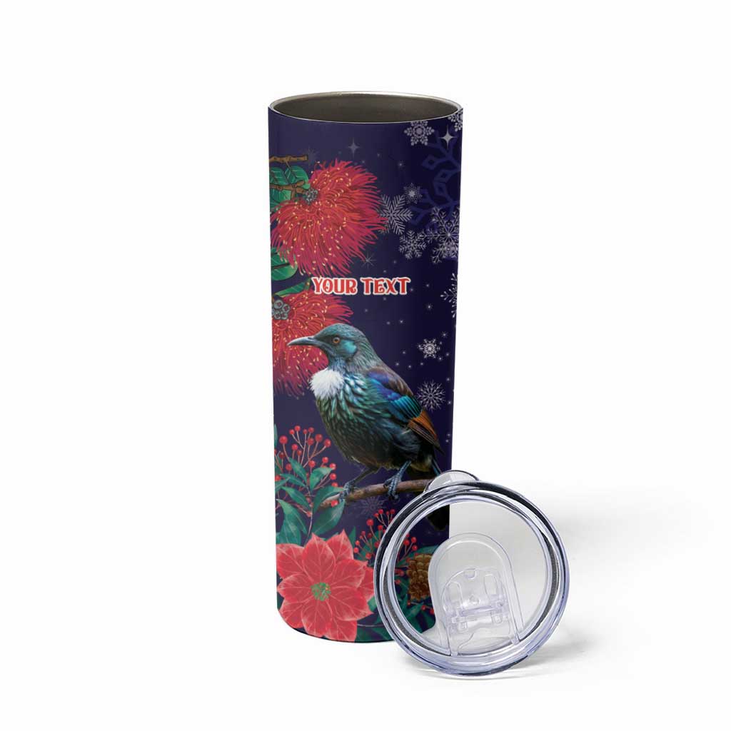 Tui Meri Kirihimete Personalised Skinny Tumbler Pohutukawa Flowers Blue Motif - Polynesian Pride