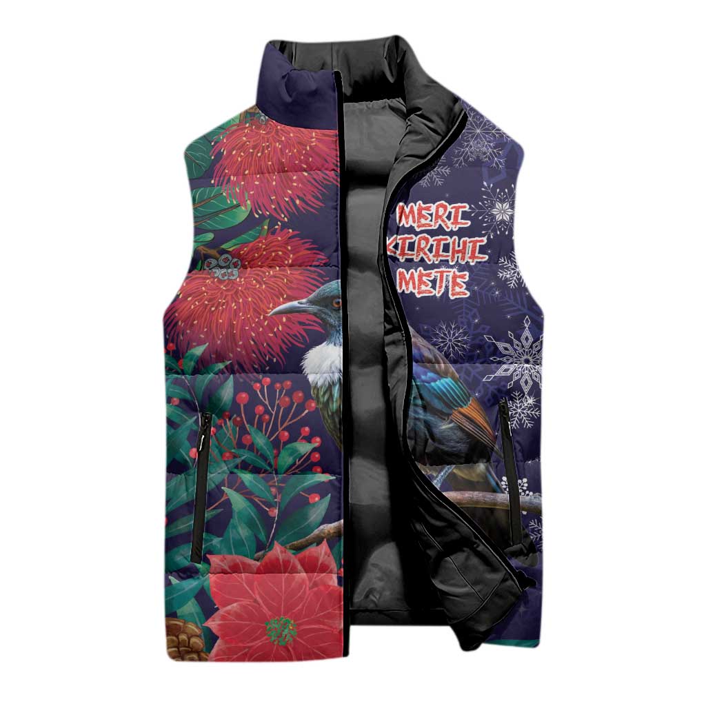 Tui Meri Kirihimete Personalised Sleeveless Puffer Jacket Pohutukawa Flowers Blue Motif - Polynesian Pride