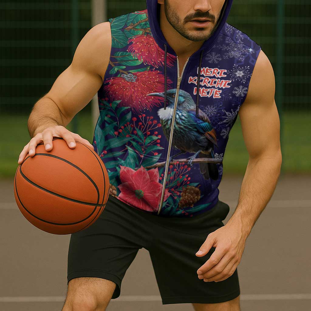 Tui Meri Kirihimete Personalised Sleeveless Zip Hoodie Pohutukawa Flowers Blue Motif - Polynesian Pride