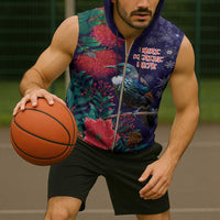 Tui Meri Kirihimete Personalised Sleeveless Zip Hoodie Pohutukawa Flowers Blue Motif - Polynesian Pride