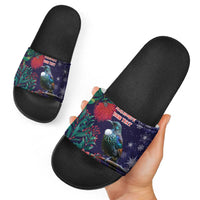Tui Meri Kirihimete Personalised Slide Sandals Pohutukawa Flowers Blue Motif - Polynesian Pride