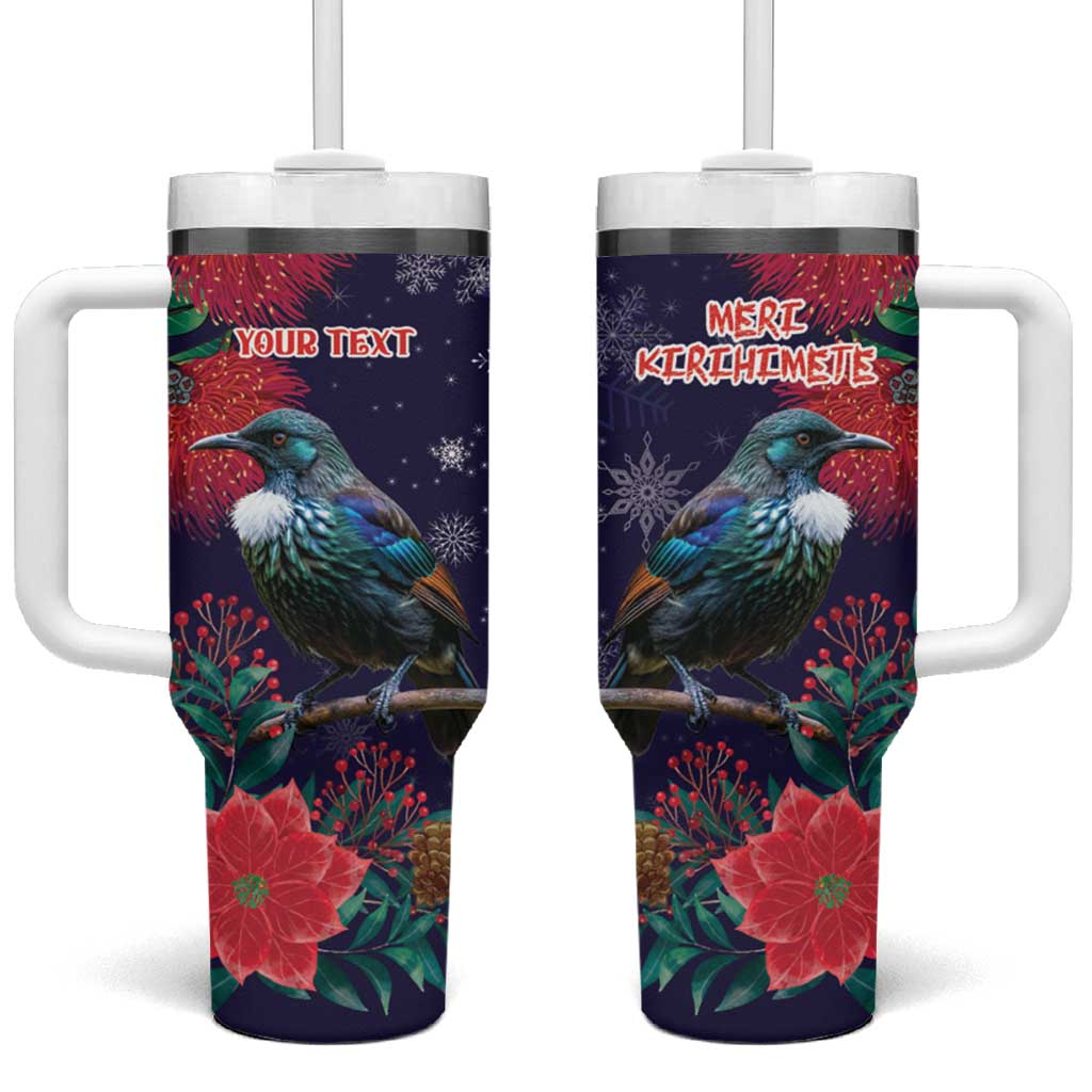 Tui Meri Kirihimete Personalised Tumbler With Handle Pohutukawa Flowers Blue Motif - Polynesian Pride