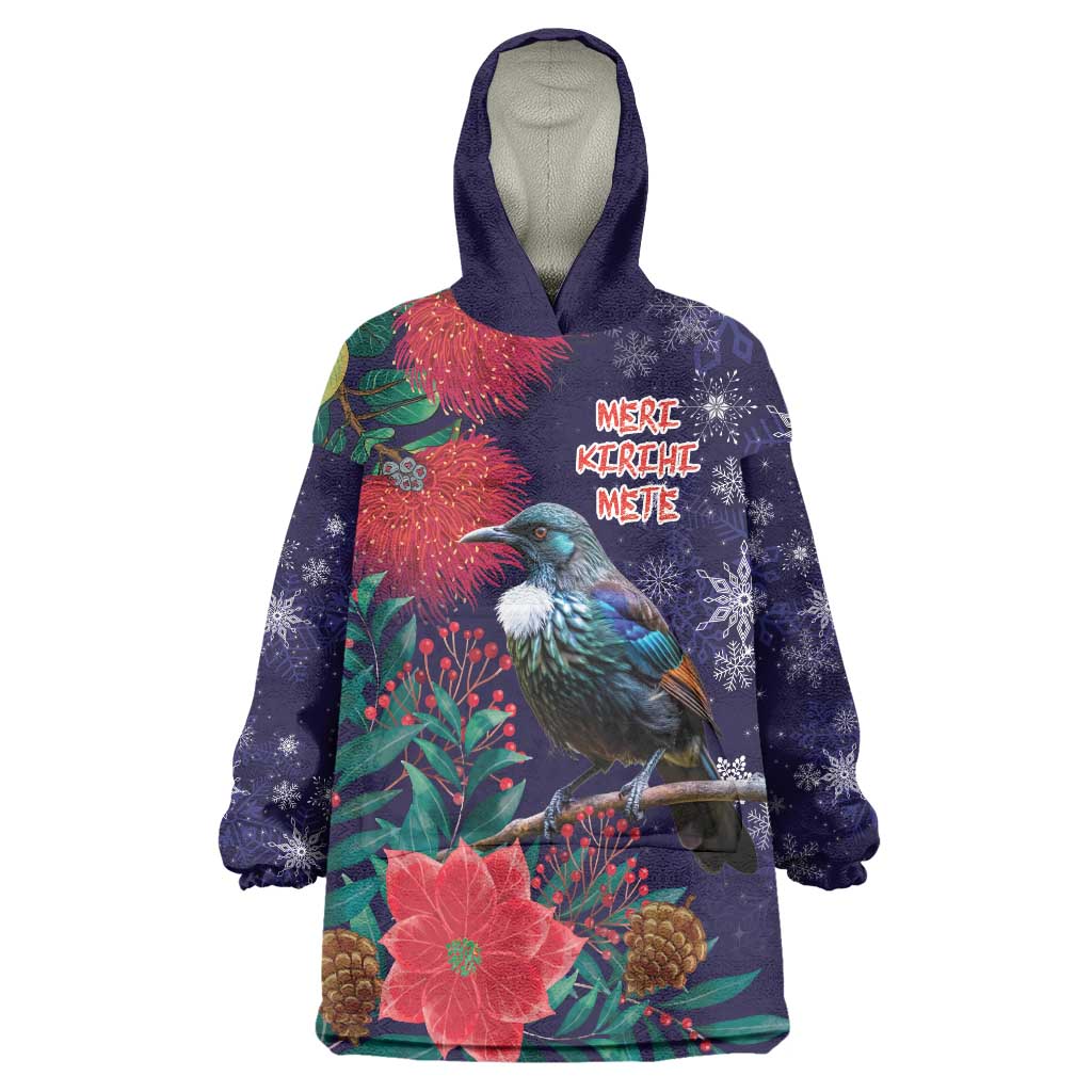 Tui Meri Kirihimete Personalised Wearable Blanket Hoodie Pohutukawa Flowers Blue Motif - Polynesian Pride