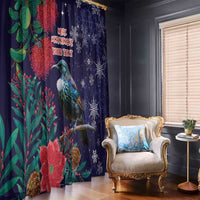 Tui Meri Kirihimete Personalised Window Curtain Pohutukawa Flowers Blue Motif - Polynesian Pride