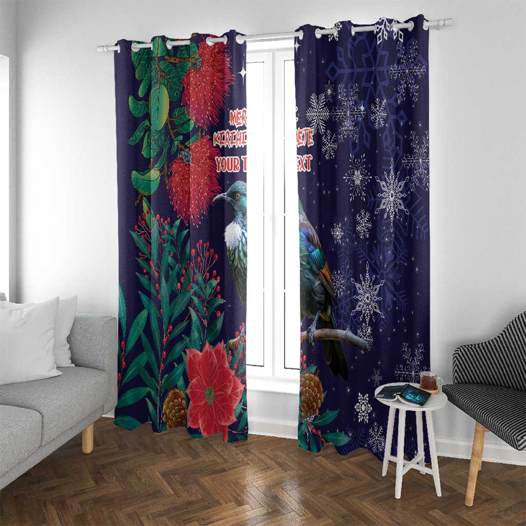Tui Meri Kirihimete Personalised Window Curtain Pohutukawa Flowers Blue Motif - Polynesian Pride