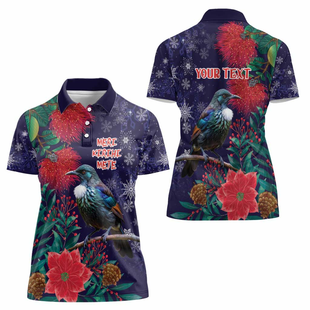 Tui Meri Kirihimete Personalised Women Polo Shirt Pohutukawa Flowers Blue Motif LT9 - Polynesian Pride
