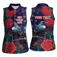 Tui Meri Kirihimete Personalised Women Sleeveless Polo Shirt Pohutukawa Flowers Blue Motif - Polynesian Pride