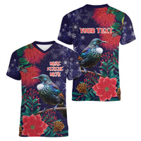 Tui Meri Kirihimete Personalised Women V-Neck T-Shirt Pohutukawa Flowers Blue Motif - Polynesian Pride