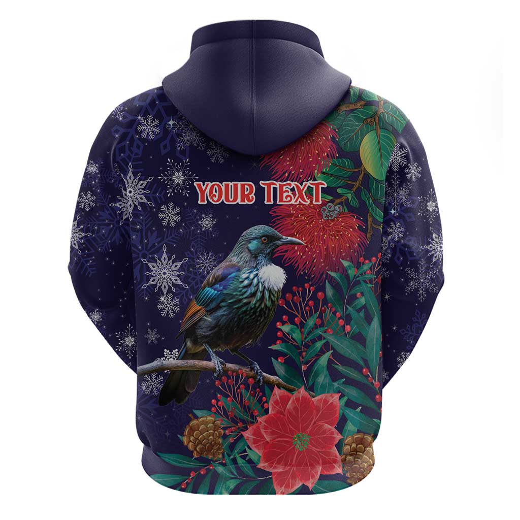 Tui Meri Kirihimete Personalised Zip Hoodie Pohutukawa Flowers Blue Motif - Polynesian Pride