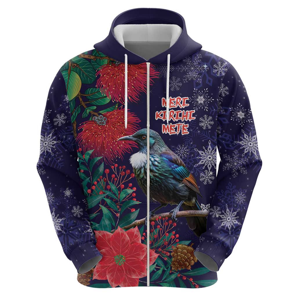 Tui Meri Kirihimete Personalised Zip Hoodie Pohutukawa Flowers Blue Motif - Polynesian Pride