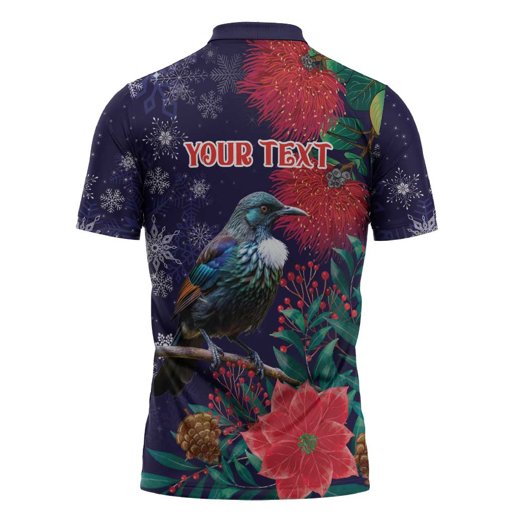 Tui Meri Kirihimete Personalised Zipper Polo Shirt Pohutukawa Flowers Blue Motif - Polynesian Pride