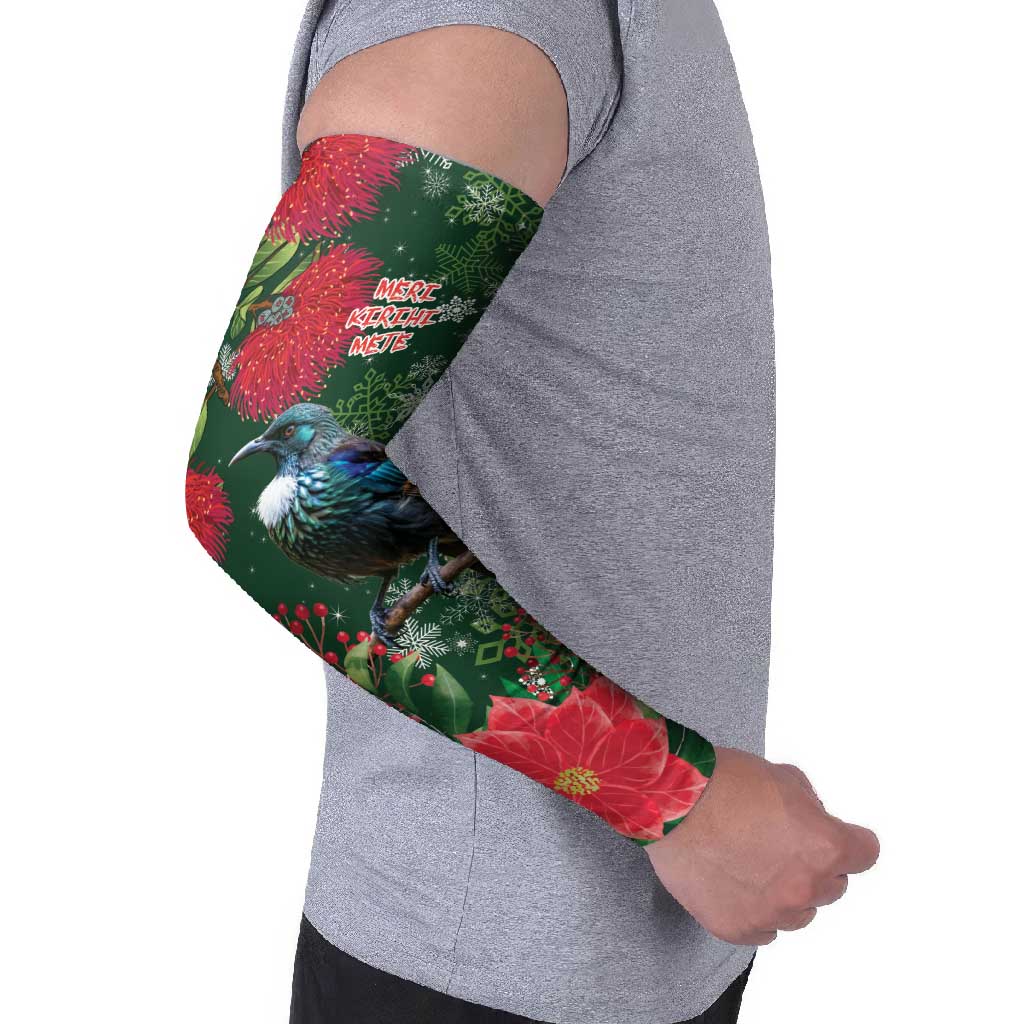 Tui Meri Kirihimete Personalised Arm Sleeves Pohutukawa Flowers Green Motif - Polynesian Pride