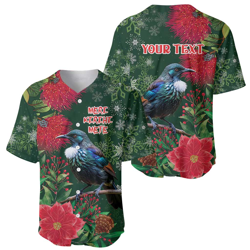 Tui Meri Kirihimete Personalised Baseball Jersey Pohutukawa Flowers Green Motif - Polynesian Pride