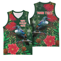 Tui Meri Kirihimete Personalised Basketball Jersey Pohutukawa Flowers Green Motif - Polynesian Pride