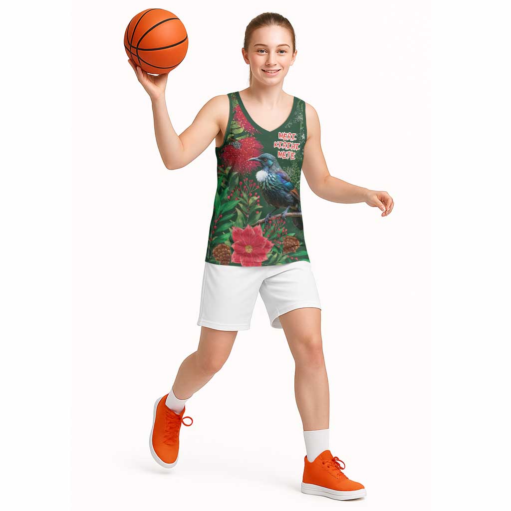 Tui Meri Kirihimete Personalised Basketball Jersey Pohutukawa Flowers Green Motif - Polynesian Pride