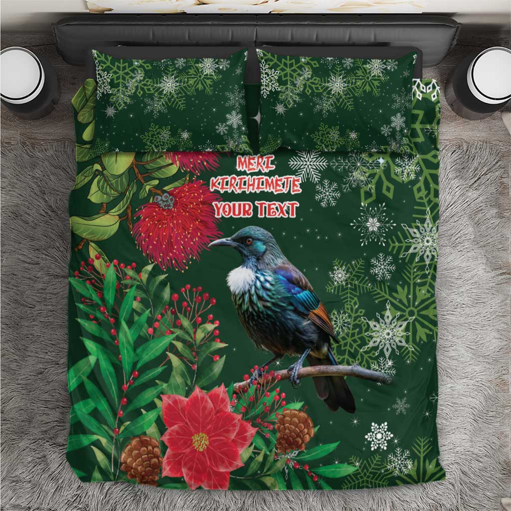 Tui Meri Kirihimete Personalised Bedding Set Pohutukawa Flowers Green Motif - Polynesian Pride