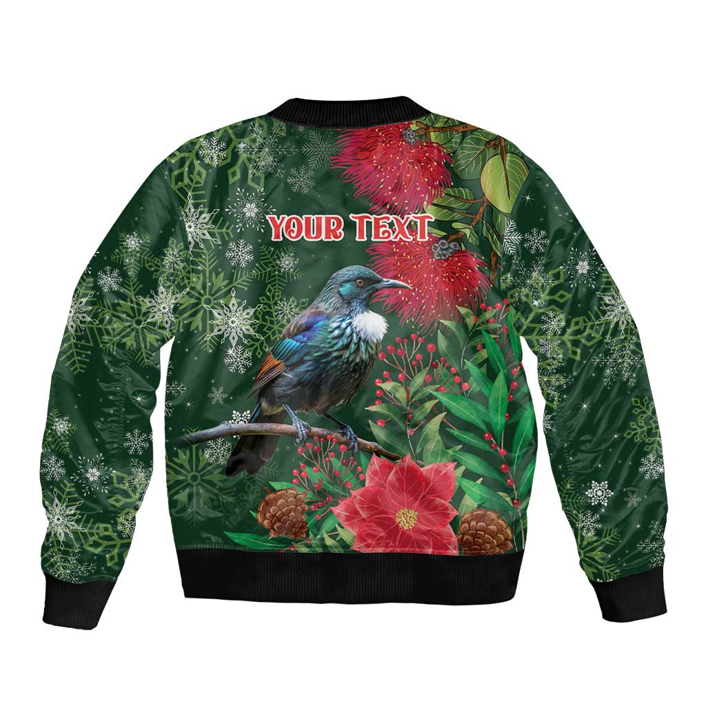 Tui Meri Kirihimete Personalised Bomber Jacket Pohutukawa Flowers Green Motif - Polynesian Pride