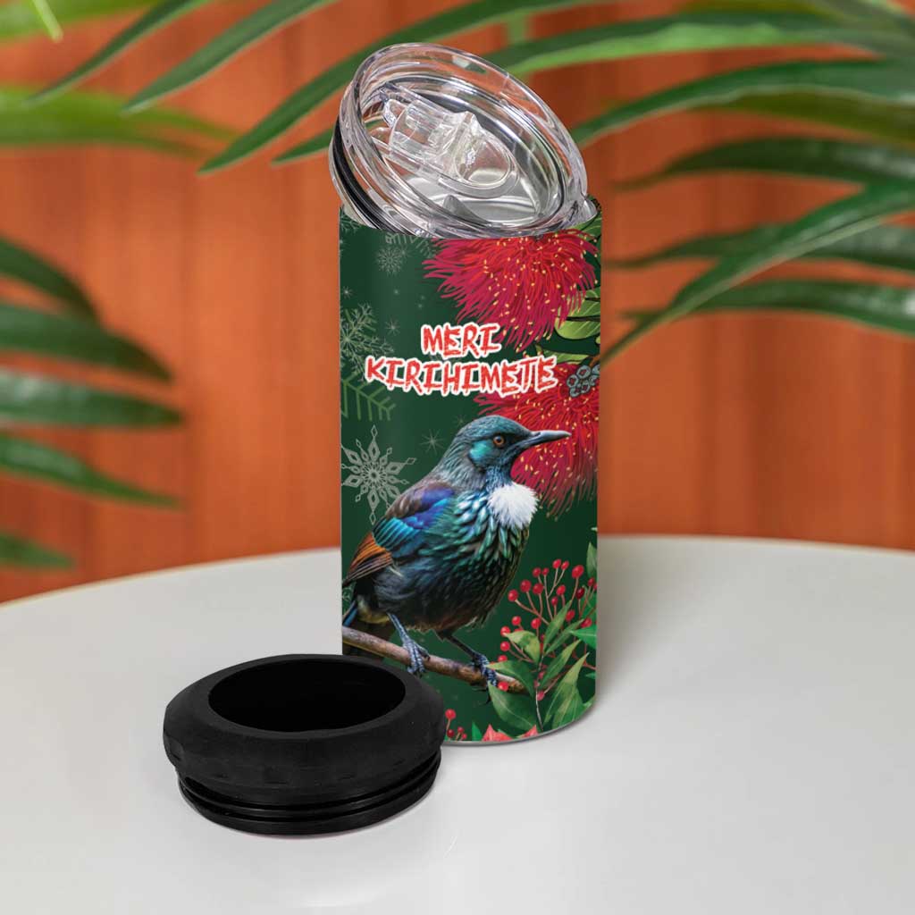 Tui Meri Kirihimete Personalised 4 in 1 Can Cooler Tumbler Pohutukawa Flowers Green Motif - Polynesian Pride