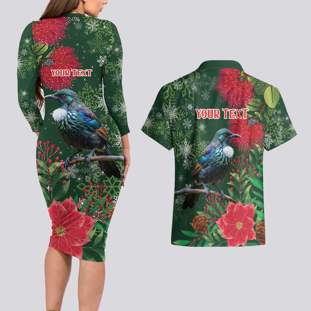 Tui Meri Kirihimete Personalised Couples Matching Long Sleeve Bodycon Dress and Hawaiian Shirt Pohutukawa Flowers Green Motif LT9 - Polynesian Pride