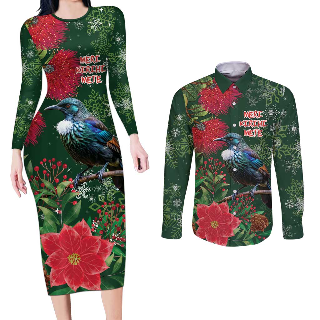 Tui Meri Kirihimete Personalised Couples Matching Long Sleeve Bodycon Dress and Long Sleeve Button Shirt Pohutukawa Flowers Green Motif - Polynesian Pride