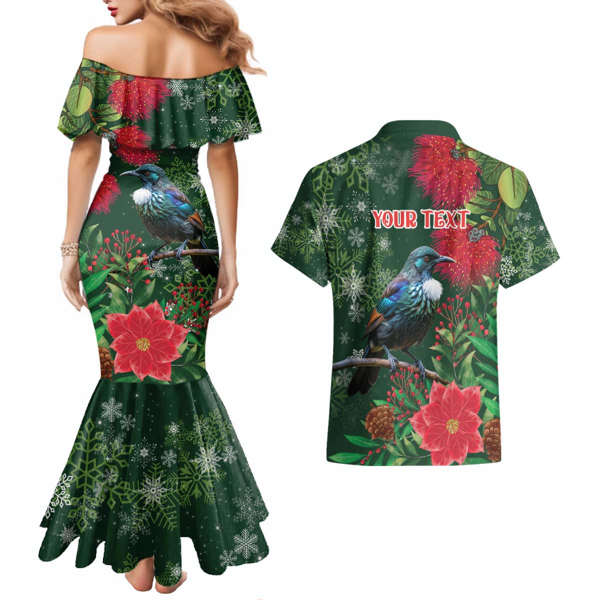 Tui Meri Kirihimete Personalised Couples Matching Mermaid Dress and Hawaiian Shirt Pohutukawa Flowers Green Motif LT9 - Polynesian Pride