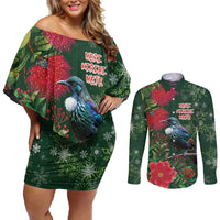 Tui Meri Kirihimete Personalised Couples Matching Off Shoulder Short Dress and Long Sleeve Button Shirt Pohutukawa Flowers Green Motif LT9 Green - Polynesian Pride