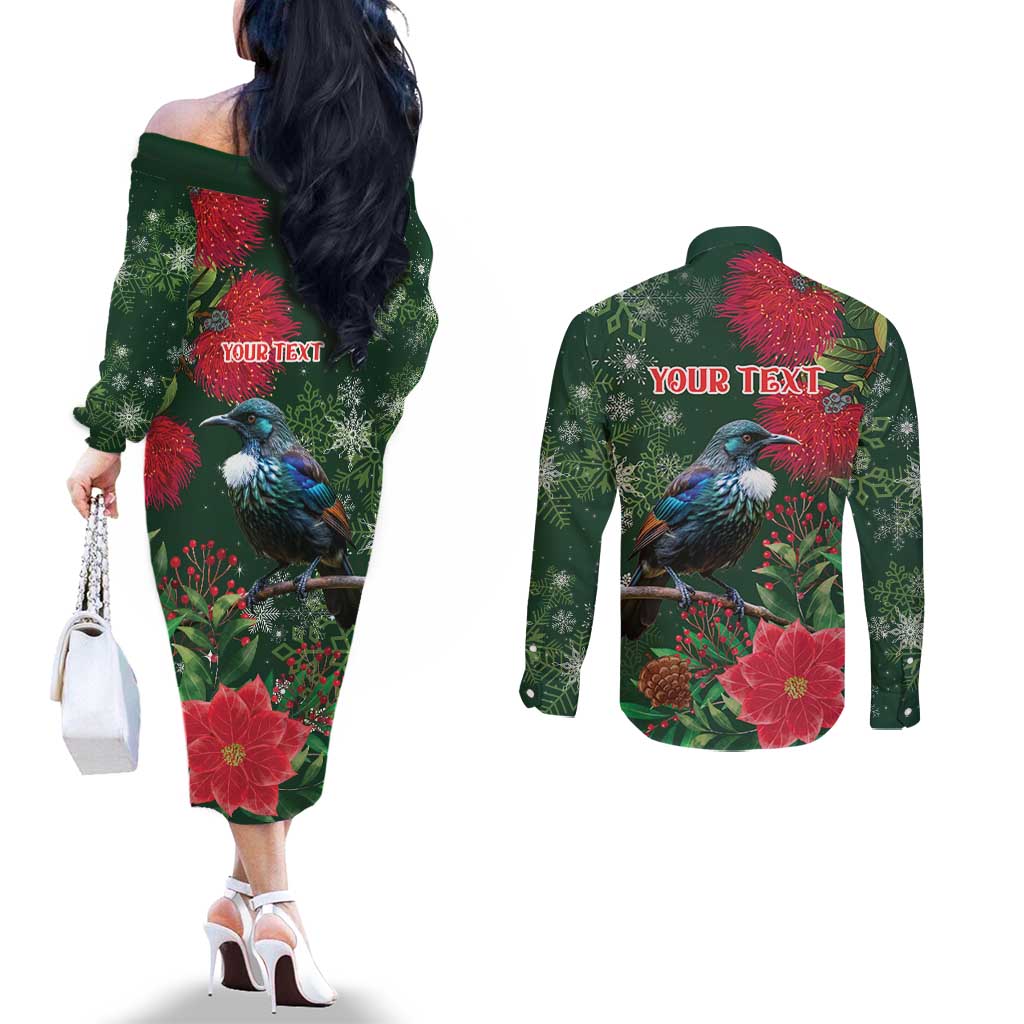 Tui Meri Kirihimete Personalised Couples Matching Off The Shoulder Long Sleeve Dress and Long Sleeve Button Shirt Pohutukawa Flowers Green Motif LT9 - Polynesian Pride