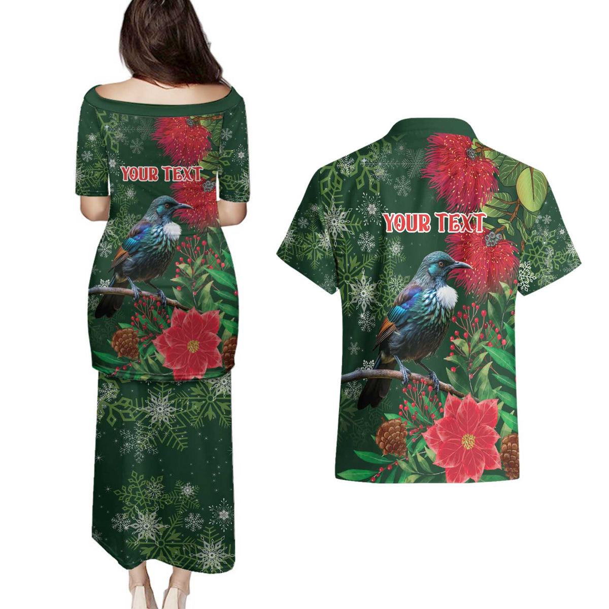 Tui Meri Kirihimete Personalised Couples Matching Puletasi and Hawaiian Shirt Pohutukawa Flowers Green Motif LT9 - Polynesian Pride