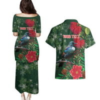 Tui Meri Kirihimete Personalised Couples Matching Puletasi and Hawaiian Shirt Pohutukawa Flowers Green Motif LT9 - Polynesian Pride