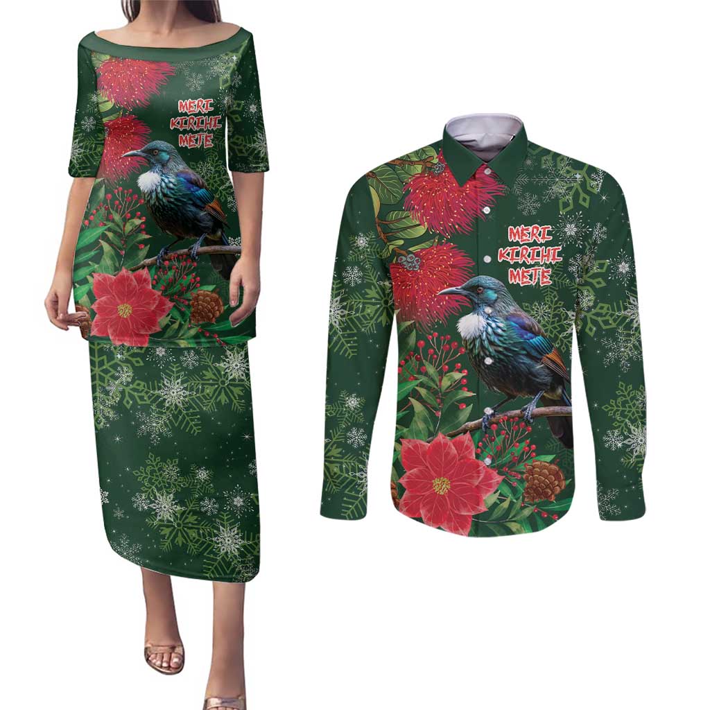 Tui Meri Kirihimete Personalised Couples Matching Puletasi and Long Sleeve Button Shirt Pohutukawa Flowers Green Motif - Polynesian Pride