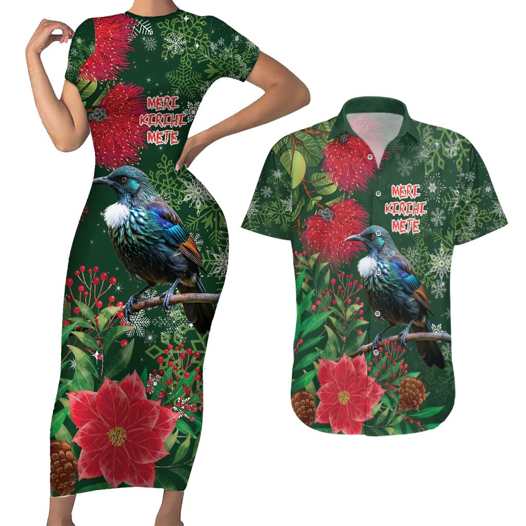 Tui Meri Kirihimete Personalised Couples Matching Short Sleeve Bodycon Dress and Hawaiian Shirt Pohutukawa Flowers Green Motif LT9 Green - Polynesian Pride