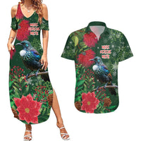 Tui Meri Kirihimete Personalised Couples Matching Summer Maxi Dress and Hawaiian Shirt Pohutukawa Flowers Green Motif LT9 Green - Polynesian Pride
