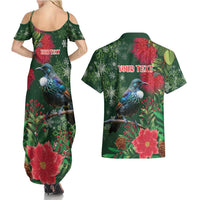 Tui Meri Kirihimete Personalised Couples Matching Summer Maxi Dress and Hawaiian Shirt Pohutukawa Flowers Green Motif LT9 - Polynesian Pride