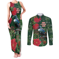 Tui Meri Kirihimete Personalised Couples Matching Tank Maxi Dress and Long Sleeve Button Shirt Pohutukawa Flowers Green Motif LT9 Green - Polynesian Pride
