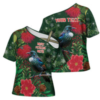Tui Meri Kirihimete Personalised Cross Shoulder Shirt Pohutukawa Flowers Green Motif - Polynesian Pride
