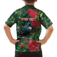 Tui Meri Kirihimete Personalised Family Matching Long Sleeve Bodycon Dress and Hawaiian Shirt Pohutukawa Flowers Green Motif - Polynesian Pride