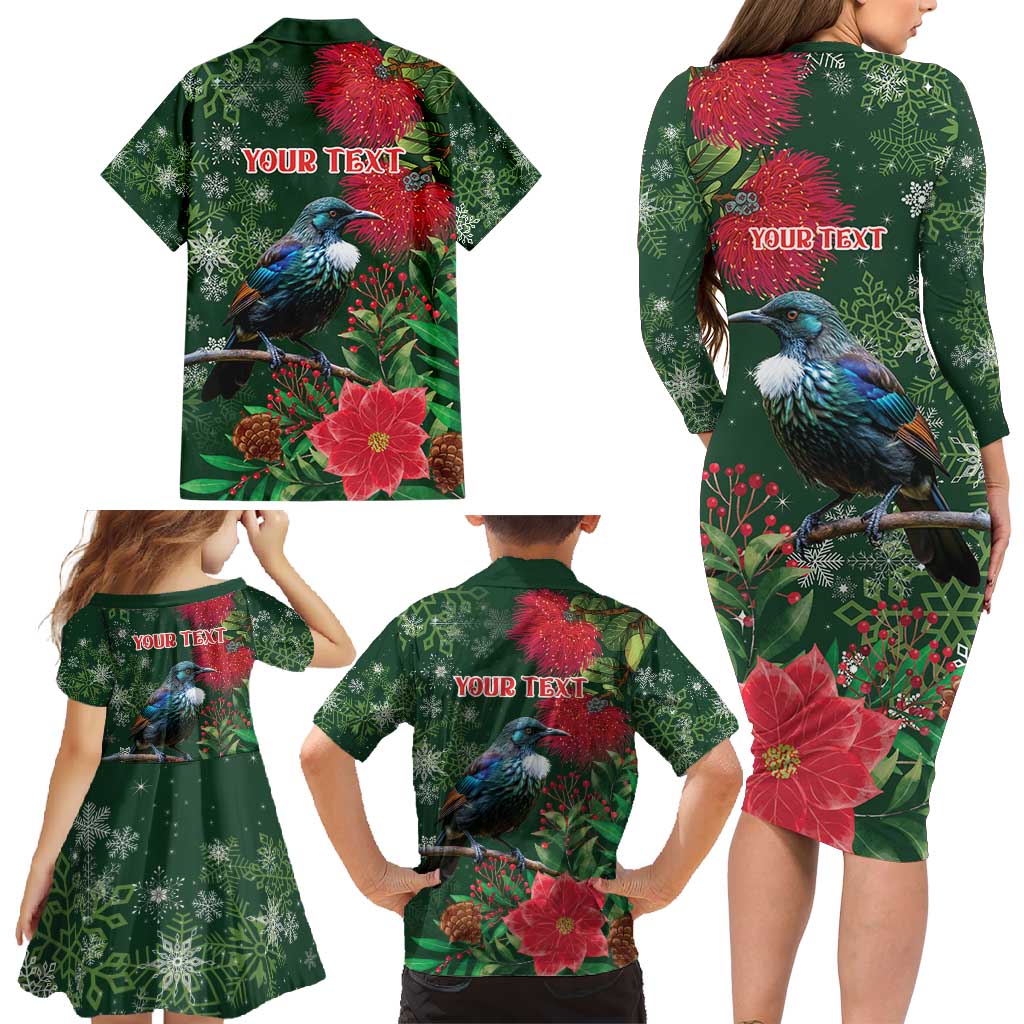 Tui Meri Kirihimete Personalised Family Matching Long Sleeve Bodycon Dress and Hawaiian Shirt Pohutukawa Flowers Green Motif - Polynesian Pride