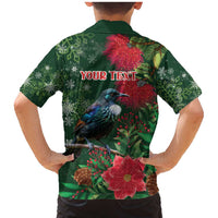 Tui Meri Kirihimete Personalised Family Matching Mermaid Dress and Hawaiian Shirt Pohutukawa Flowers Green Motif - Polynesian Pride