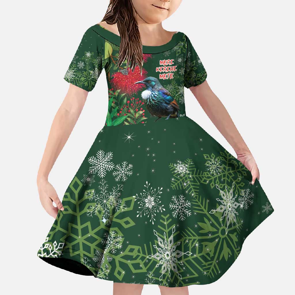 Tui Meri Kirihimete Personalised Family Matching Mermaid Dress and Hawaiian Shirt Pohutukawa Flowers Green Motif - Polynesian Pride