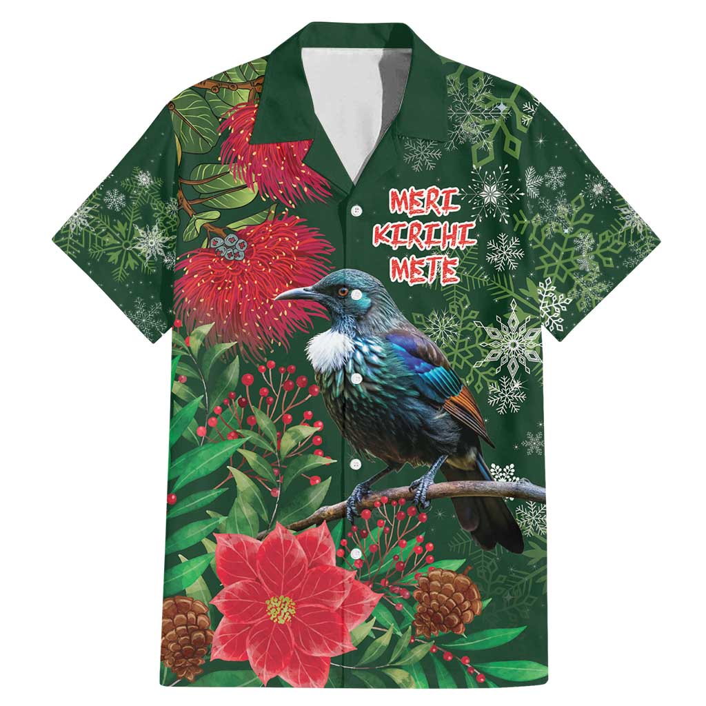 Tui Meri Kirihimete Personalised Family Matching Mermaid Dress and Hawaiian Shirt Pohutukawa Flowers Green Motif - Polynesian Pride