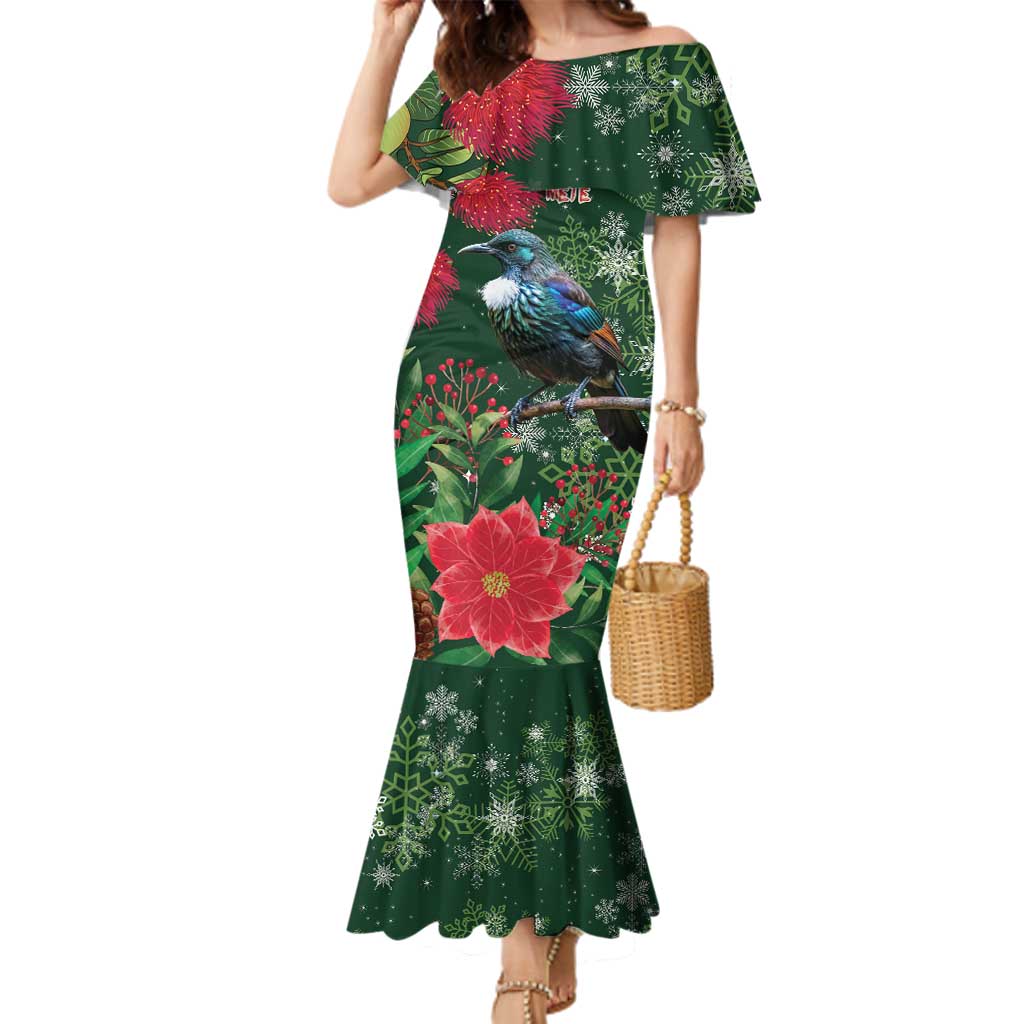 Tui Meri Kirihimete Personalised Family Matching Mermaid Dress and Hawaiian Shirt Pohutukawa Flowers Green Motif - Polynesian Pride