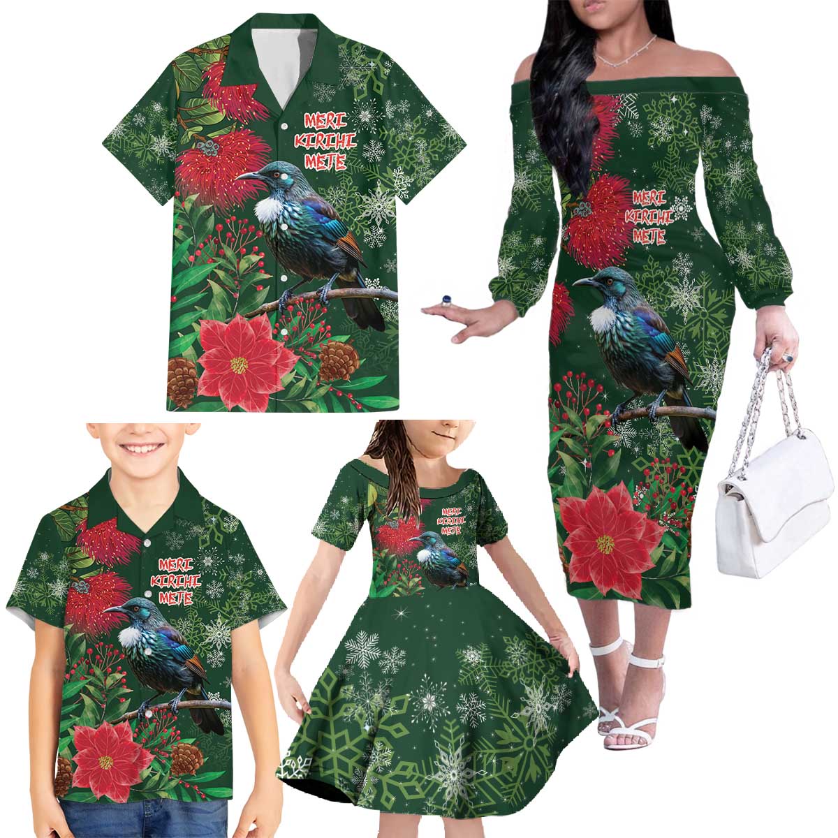 Tui Meri Kirihimete Personalised Family Matching Off The Shoulder Long Sleeve Dress and Hawaiian Shirt Pohutukawa Flowers Green Motif - Polynesian Pride