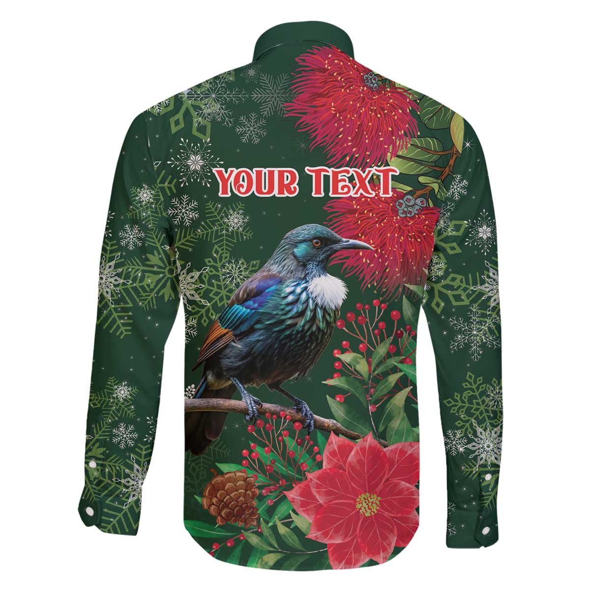 Tui Meri Kirihimete Personalised Family Matching Off The Shoulder Long Sleeve Dress and Hawaiian Shirt Pohutukawa Flowers Green Motif - Polynesian Pride
