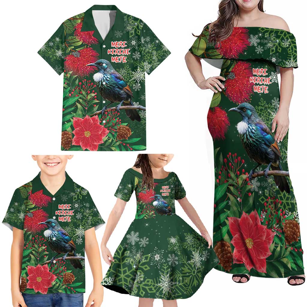 Tui Meri Kirihimete Personalised Family Matching Off Shoulder Maxi Dress and Hawaiian Shirt Pohutukawa Flowers Green Motif - Polynesian Pride